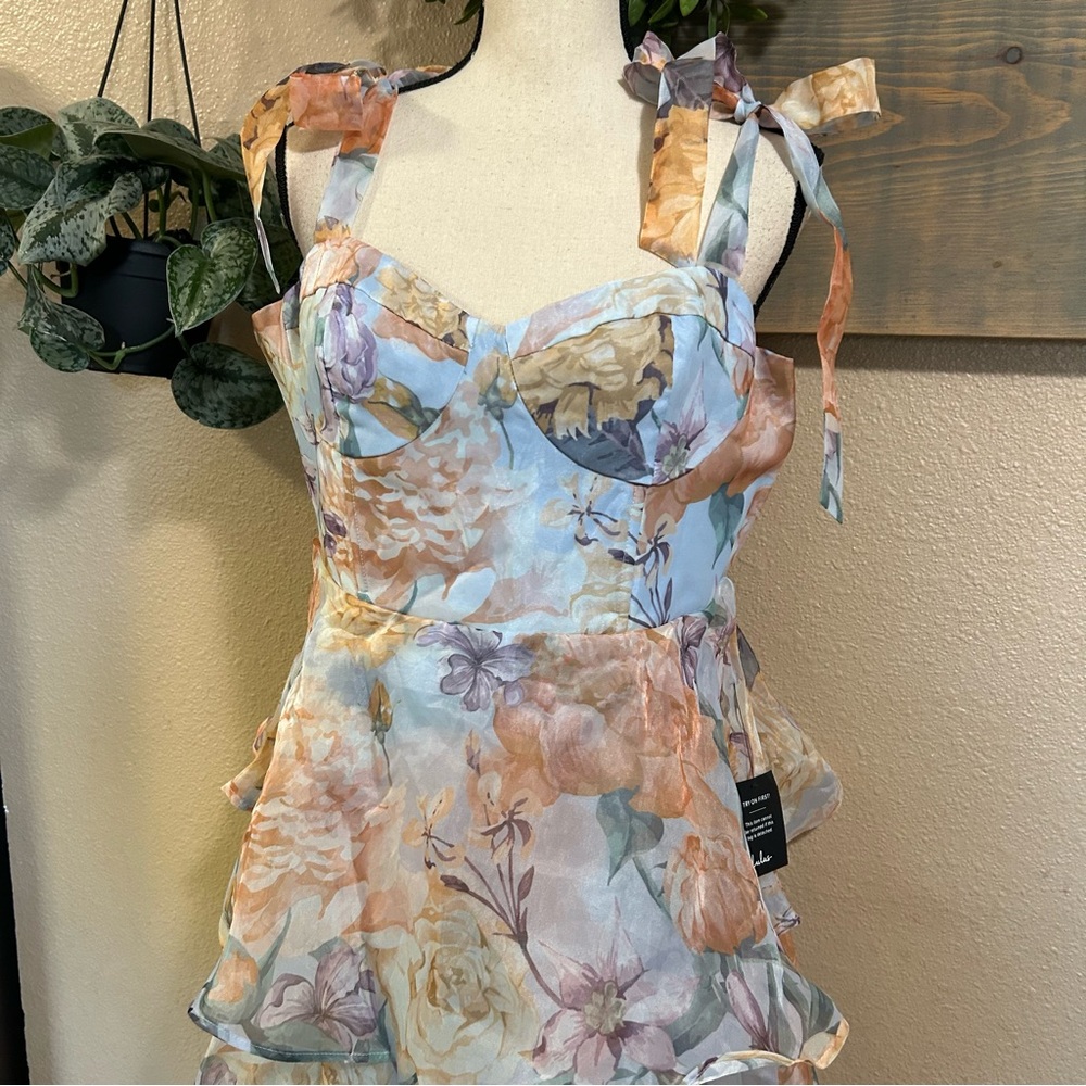 Lulu's Pastel Floral Tiered Midi Dress with Bow Straps - Picture 3 of 10